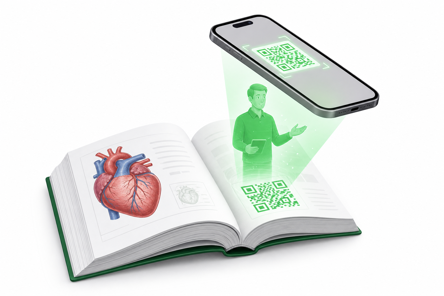 Smartphone scanning a printed textbook to launch an augmented reality lesson