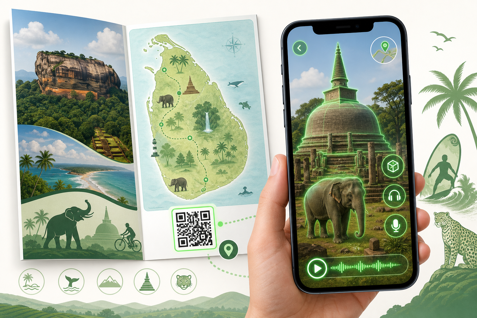 Tourism brochure launching an AR guide with landmarks and narration