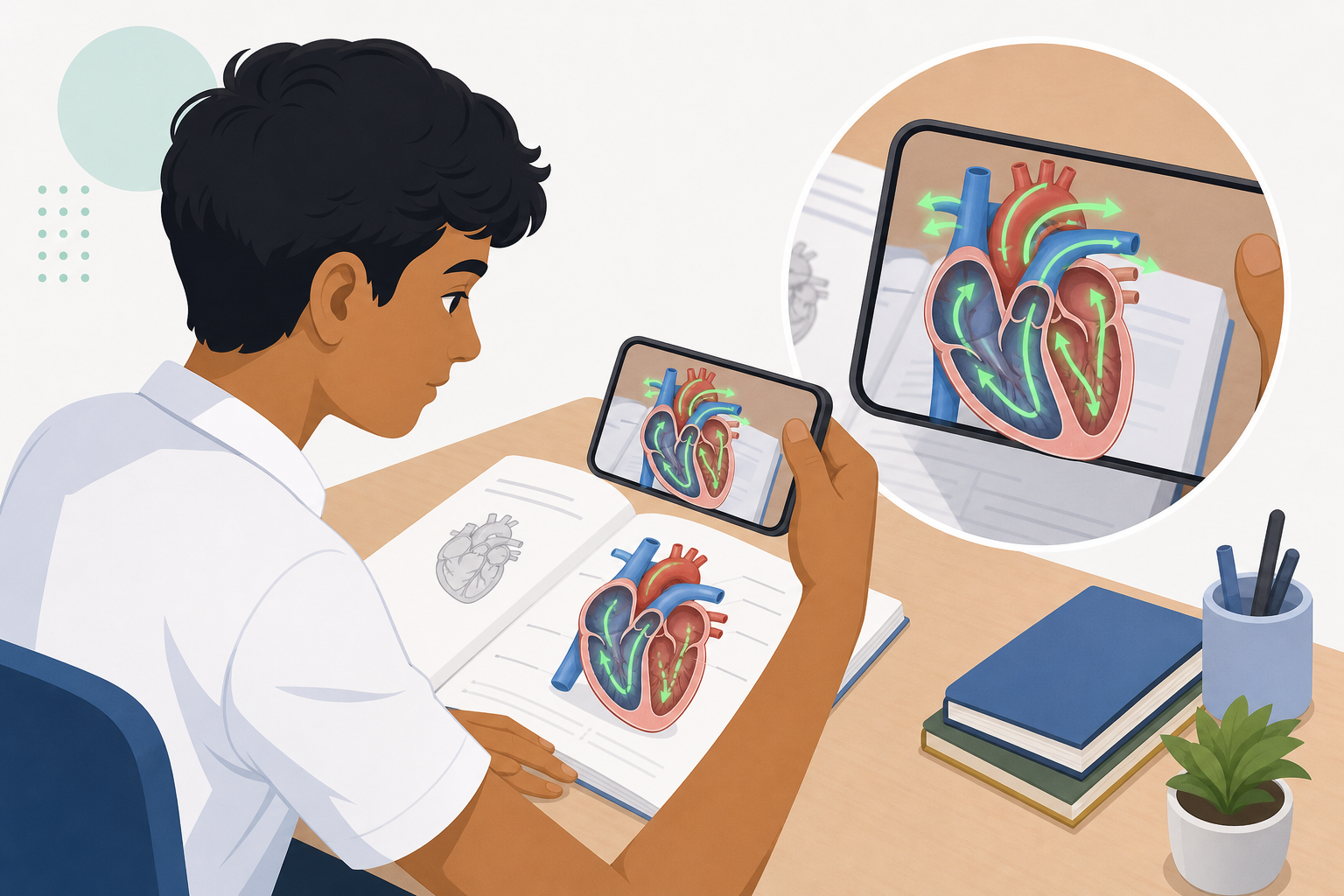 Student using AR on a tuition workbook heart diagram